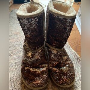 UGG Boots Mid Calf Women Size 7 Sparkling Sequin Shoes Gold Brown Footwear
